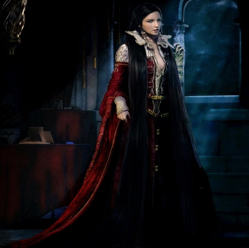 Woman in Red and Black Gown — Dramatic, Night