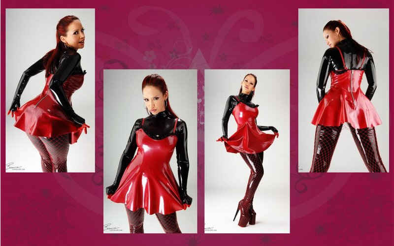 woman in red and black latex dress