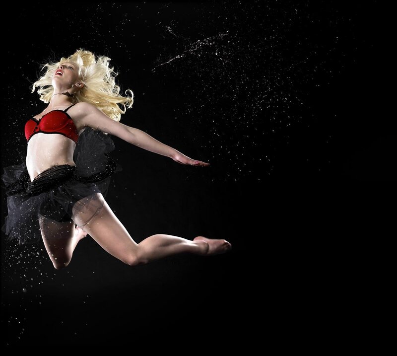 woman in red and black leotard