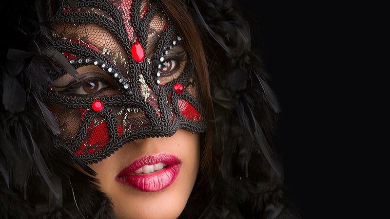 woman in red and black mask