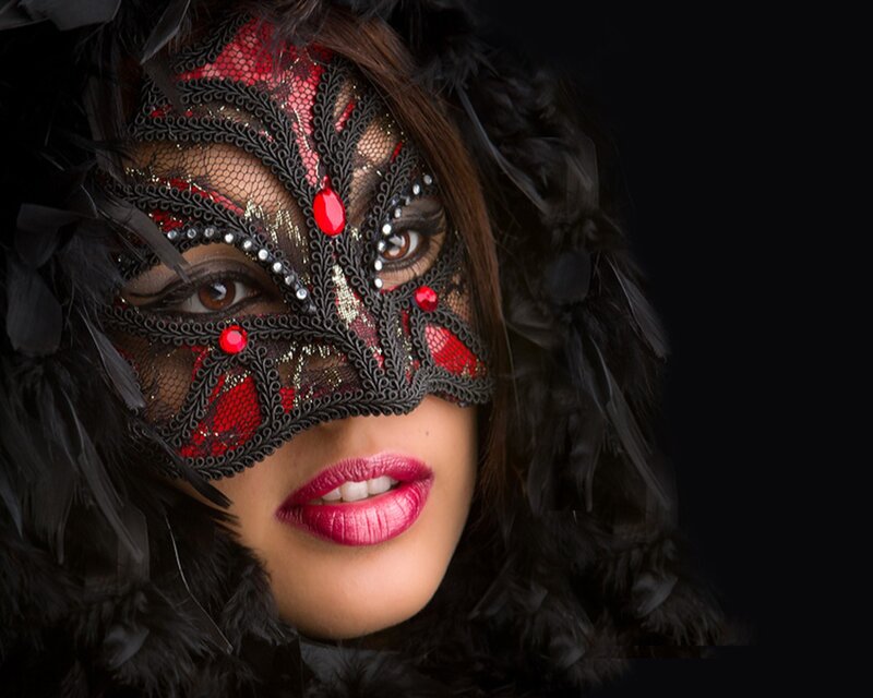 woman in red and black mask