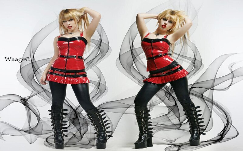 Woman in Red and Black Outfit — Dramatic, Photograph, Boots
