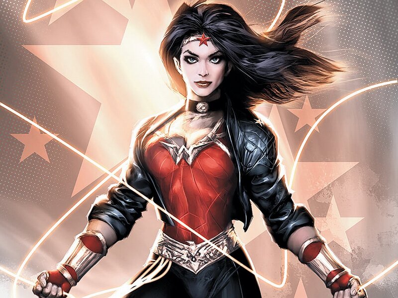 Woman in Red and Black Suit — Dramatic, Comic