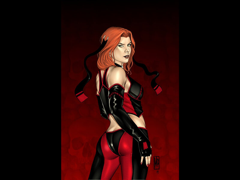 Woman in Red and Black Suit — Dramatic