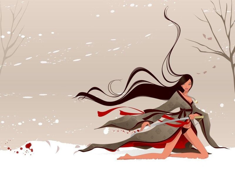 Woman in Red and Grey Kimono