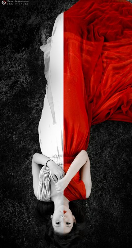 woman in red and white dress