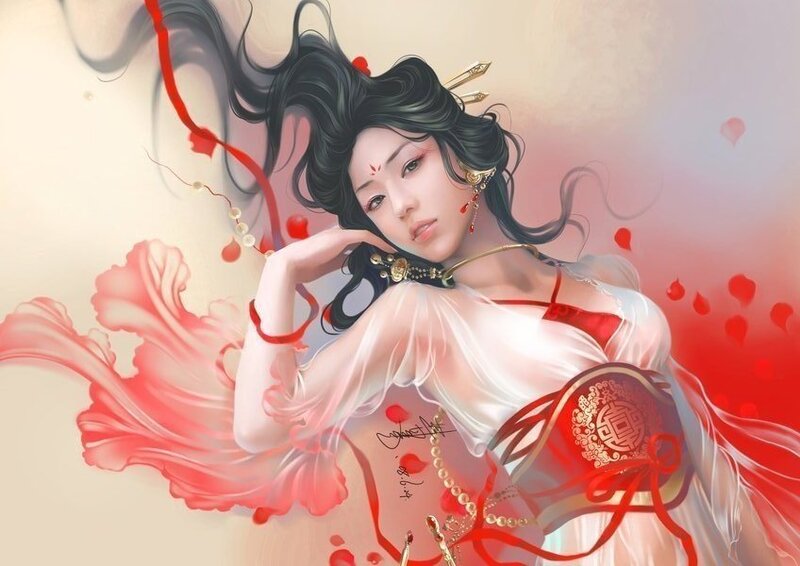 Woman in Red and White Dress — Dramatic, Digital Art, Flowing Hair