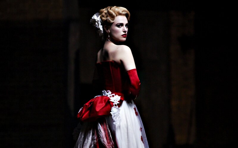 Woman in Red and White Dress — Dramatic, Night, Photograph