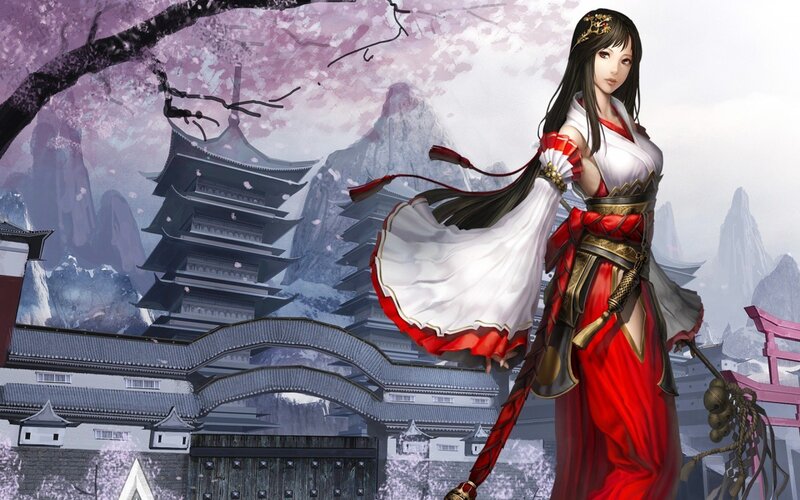 Woman in Red and White Dress — Dramatic, Spring, Digital Art, Cherry Blossoms
