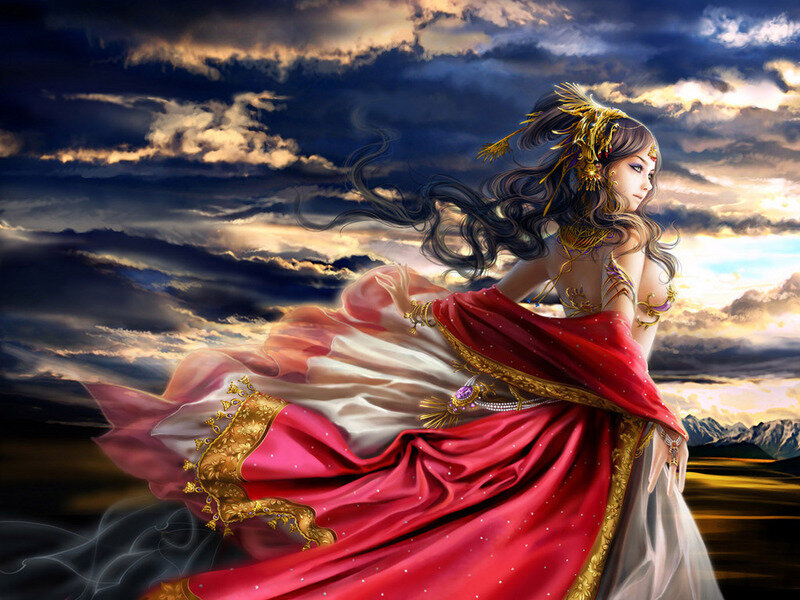 Woman in Red and White Dress — Dramatic, Sunset, Digital Art