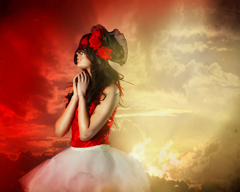 Woman in Red and White Dress — Dramatic, Sunset, Photograph