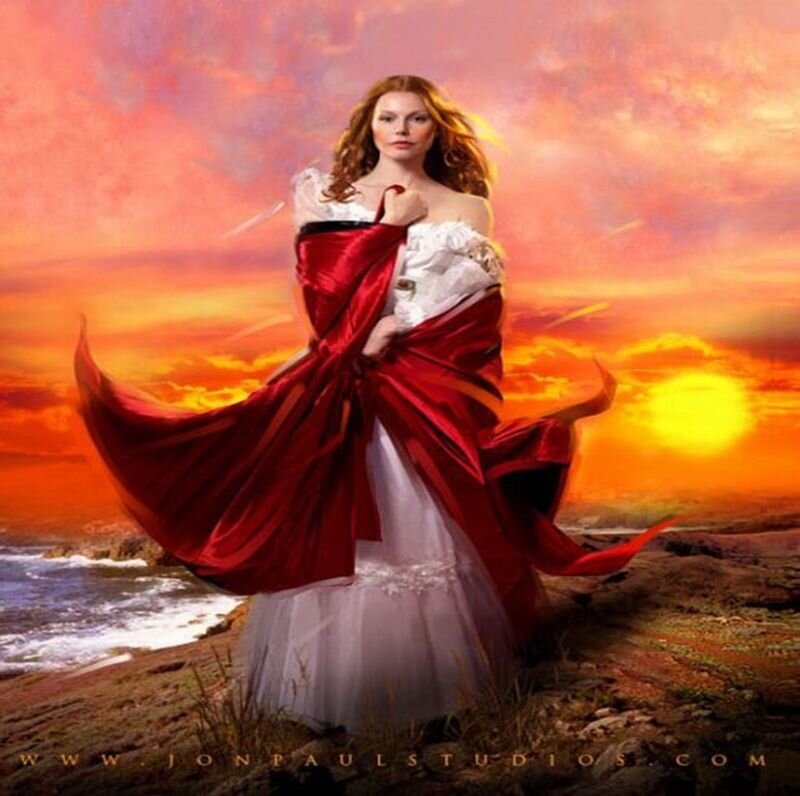 Woman in Red and White Dress — Dramatic, Sunset