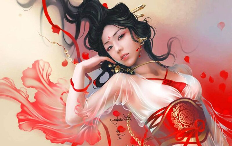 Woman in Red and White Dress — Dramatic