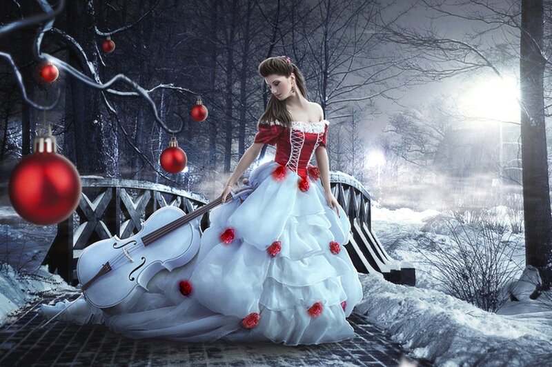 Woman in Red and White Dress — Dramatic, Winter