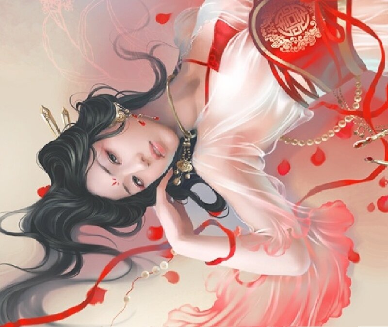 Woman in Red and White Dress — Serene, Digital Art