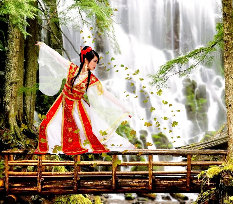 Woman in Red and White Dress — Serene, Digital Art, Waterfall