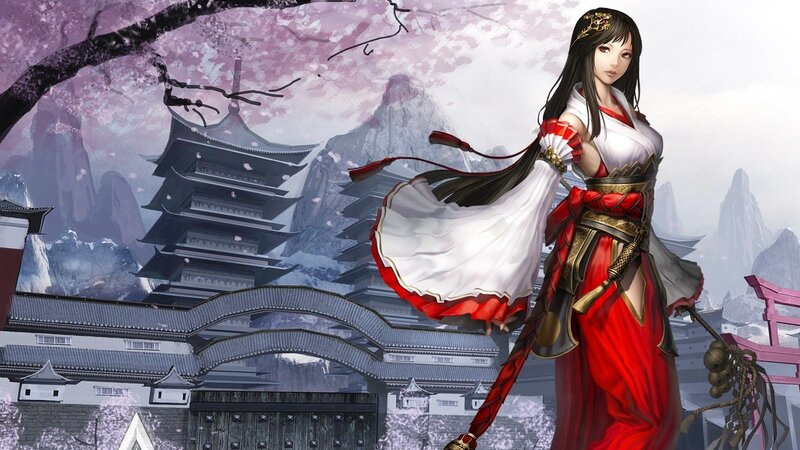 Woman in Red and White Dress — Serene, Spring, Digital Art