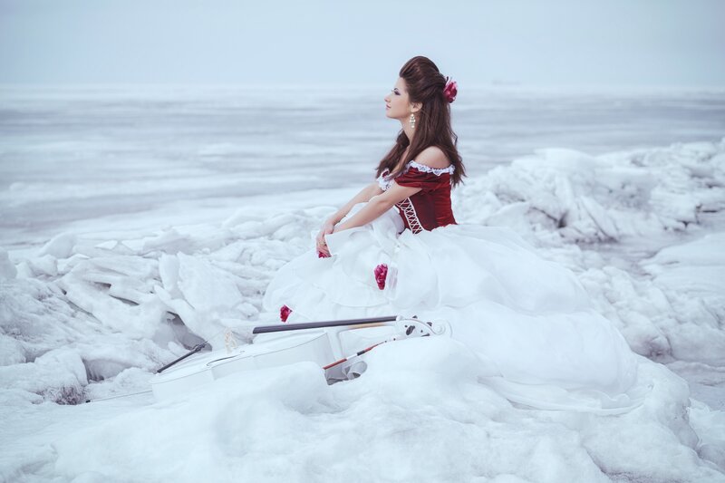 Woman in Red and White Dress — Serene, Winter, Photograph, Violin