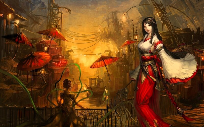 Woman in red and white kimono
