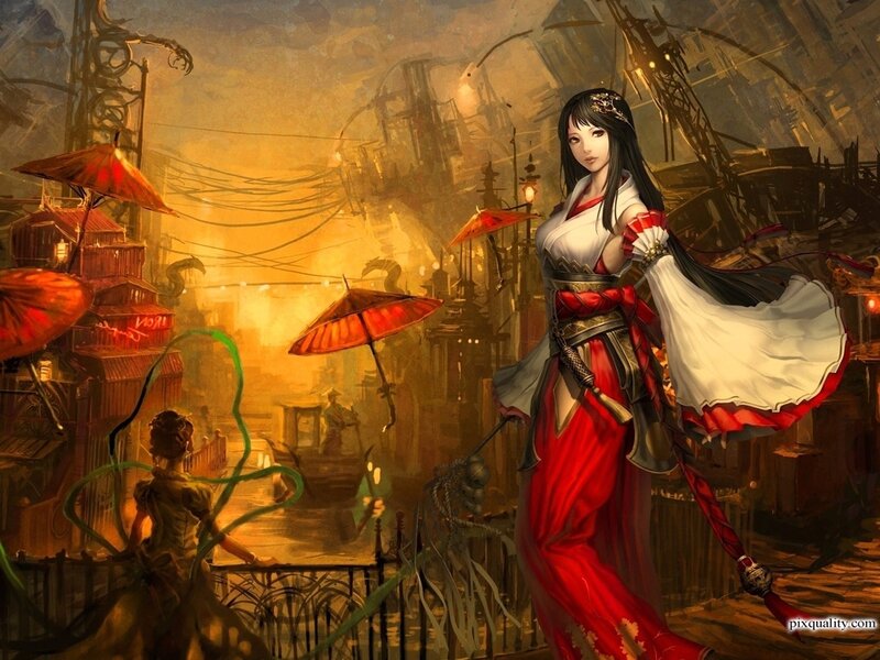 Woman in Red and White Kimono — Dramatic