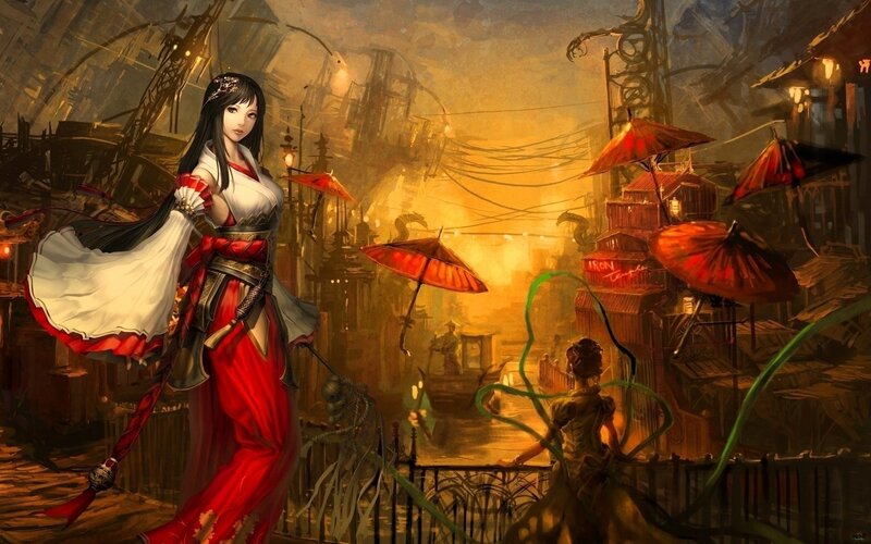 Woman in red and white kimono