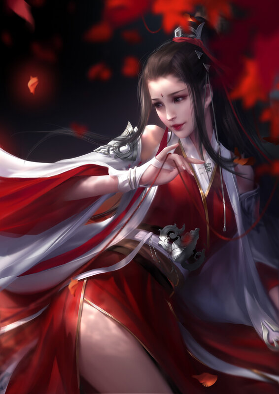 Woman in Red and White Robe — Dramatic