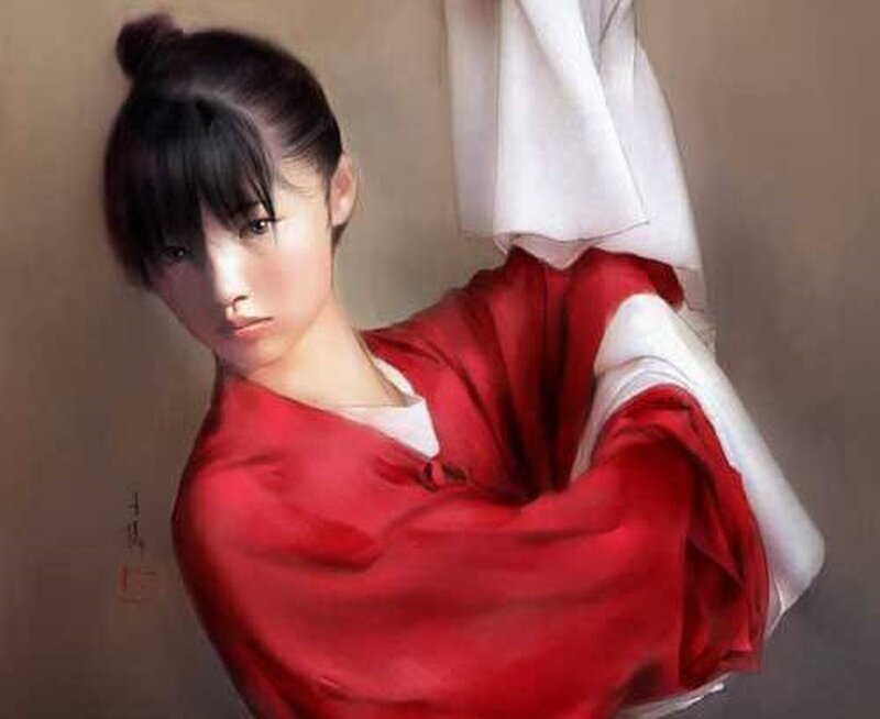 woman in red and white robe