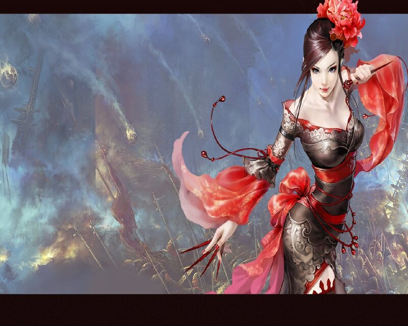 Woman in Red Armor — Dramatic, Digital Art, Flower