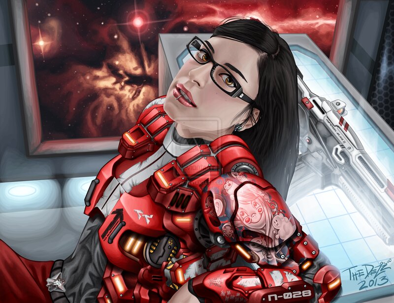 Woman in Red Armor — Dramatic, Digital Art, Glasses