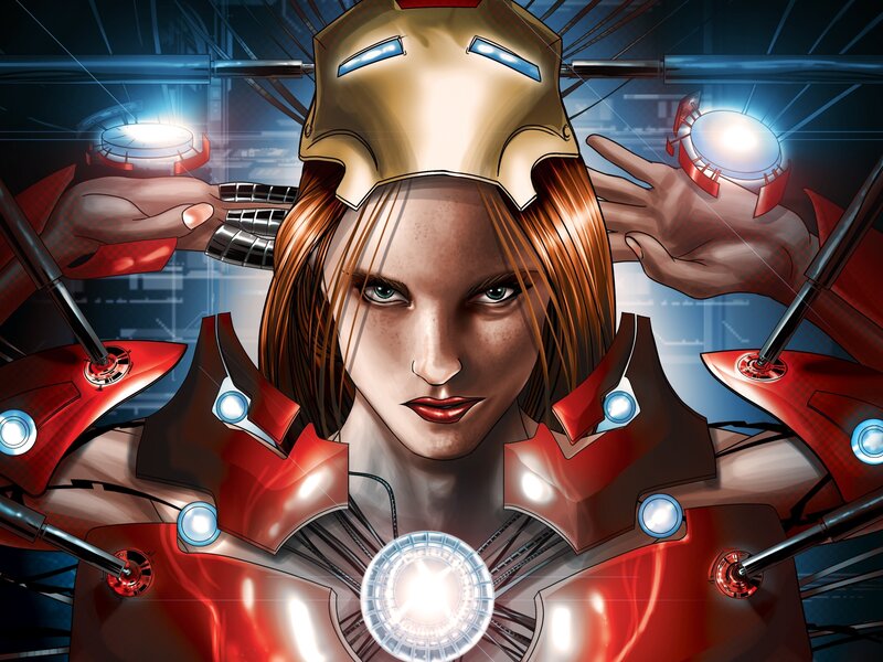 Woman in Red Armor — Dramatic, Digital Art, Helmet