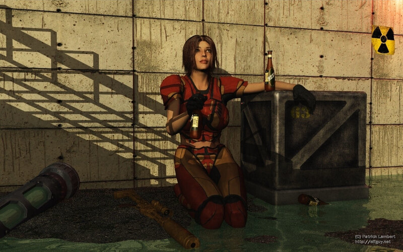 woman in red armor with beer