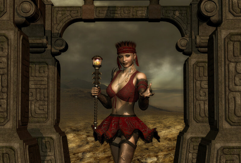 woman in red at ancient gate