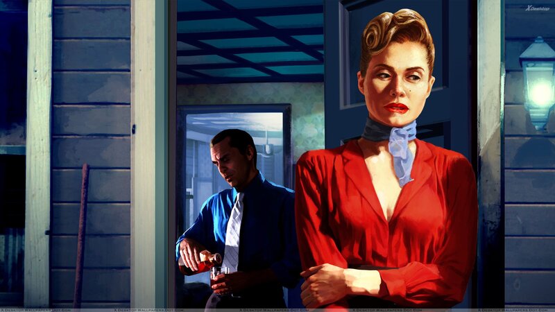 woman in red at doorway
