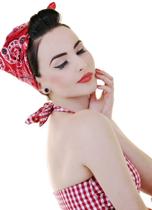woman in red bandana and gingham dress