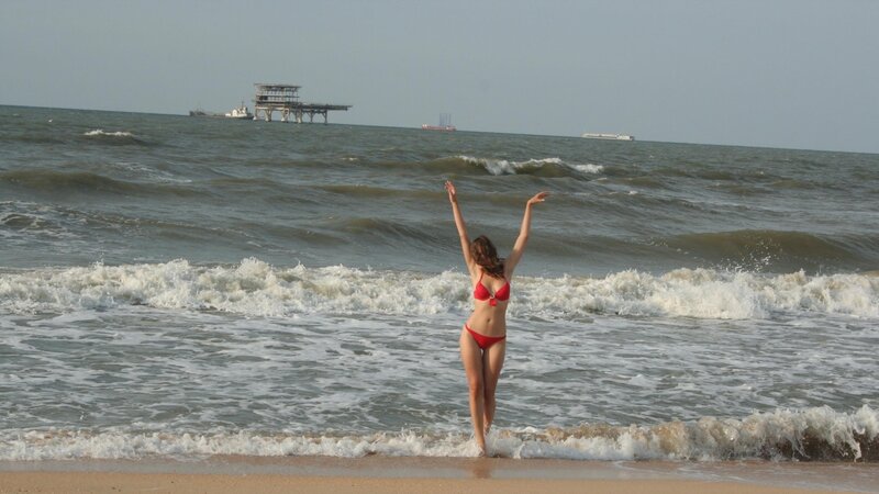 Woman in Red Bikini — Relaxed, Afternoon, Photograph, Ocean, Waves