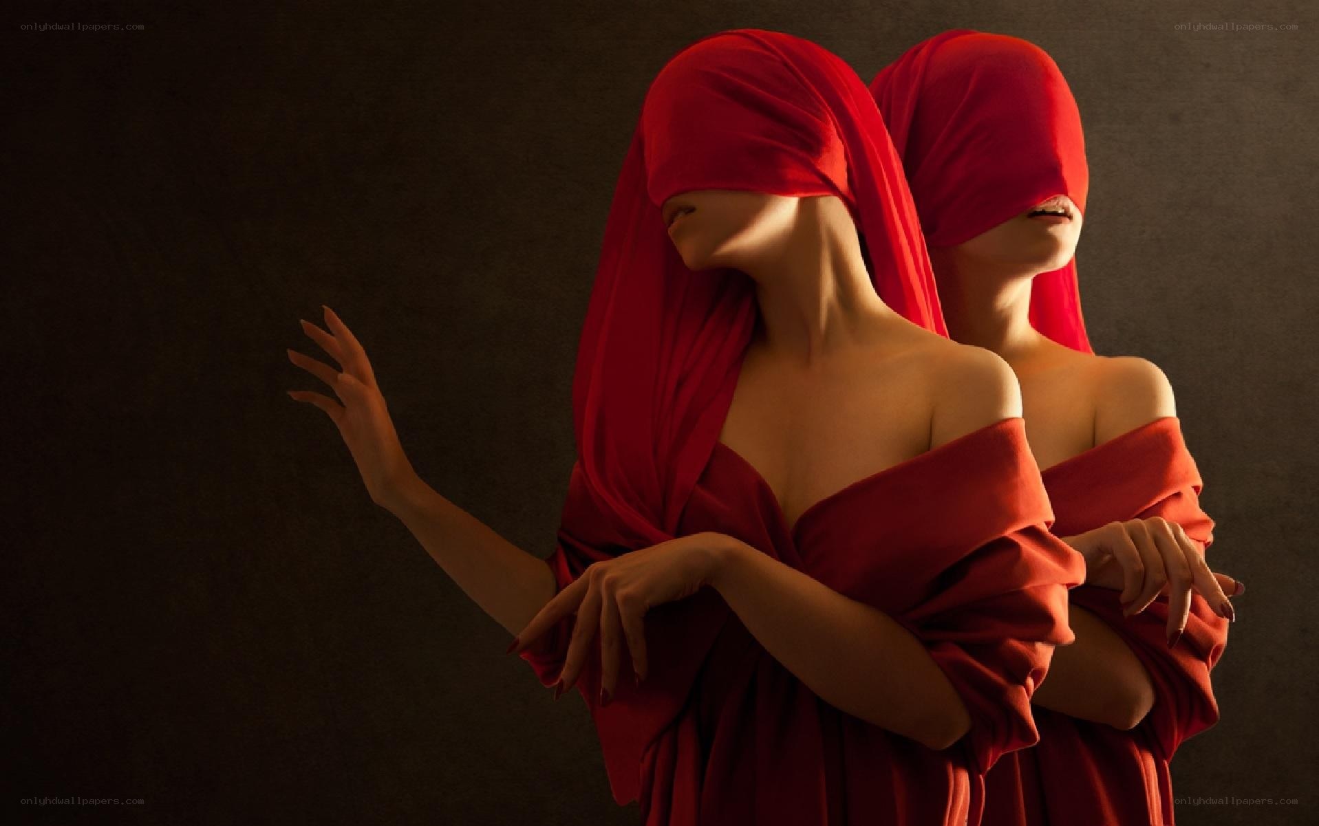woman in red blindfold