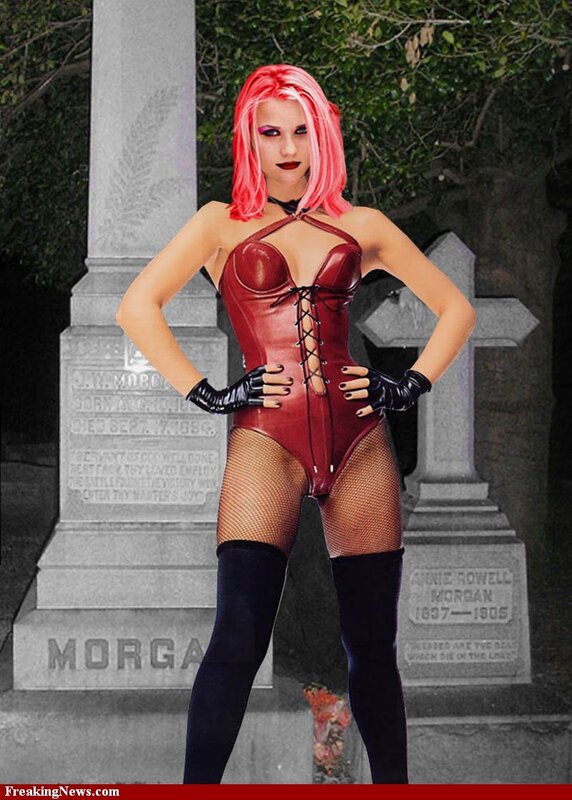 woman in red bodysuit at cemetery