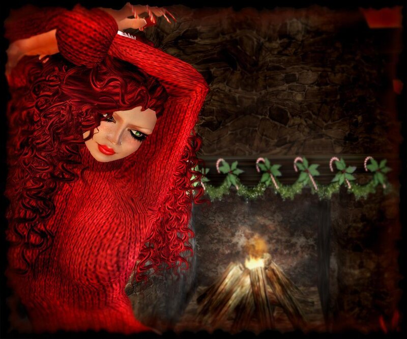 woman in red by fireplace