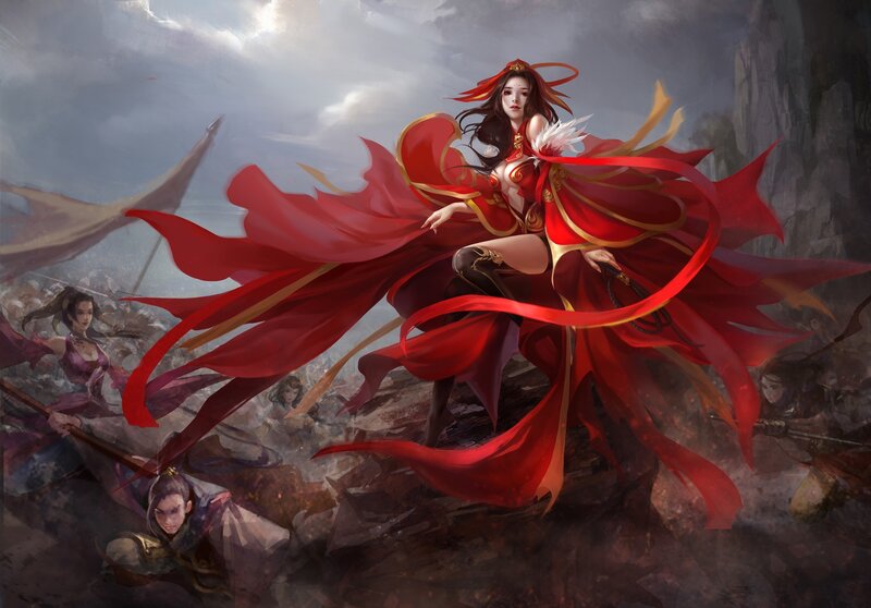 Woman in Red Cape — Dramatic, Digital Art, Battlefield