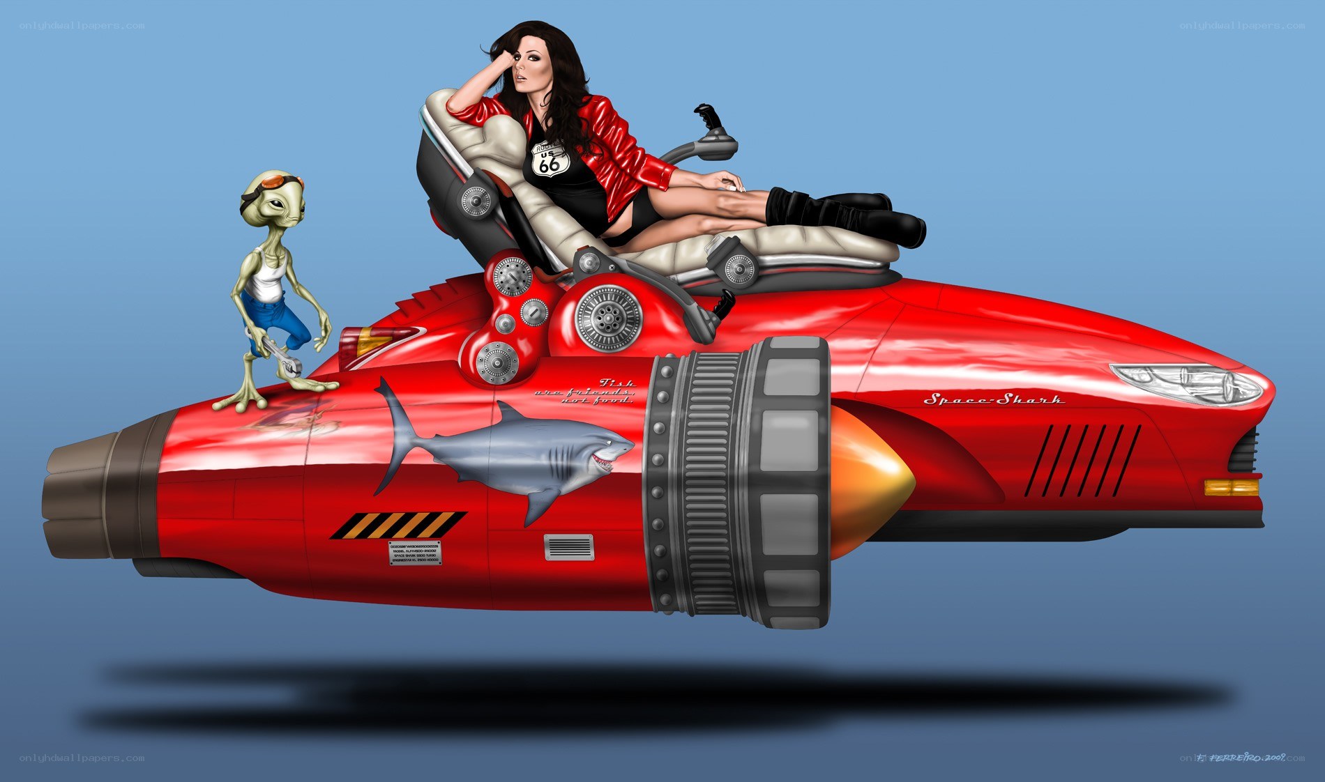 woman in red car with alien