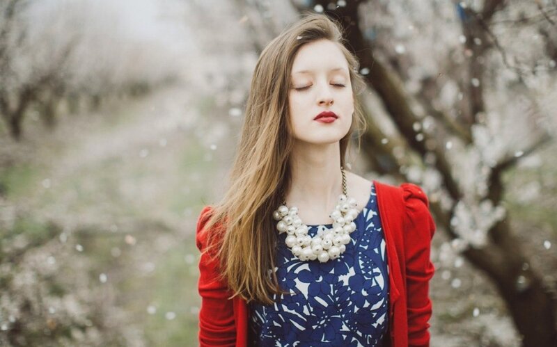 Woman in Red Cardigan — Blue