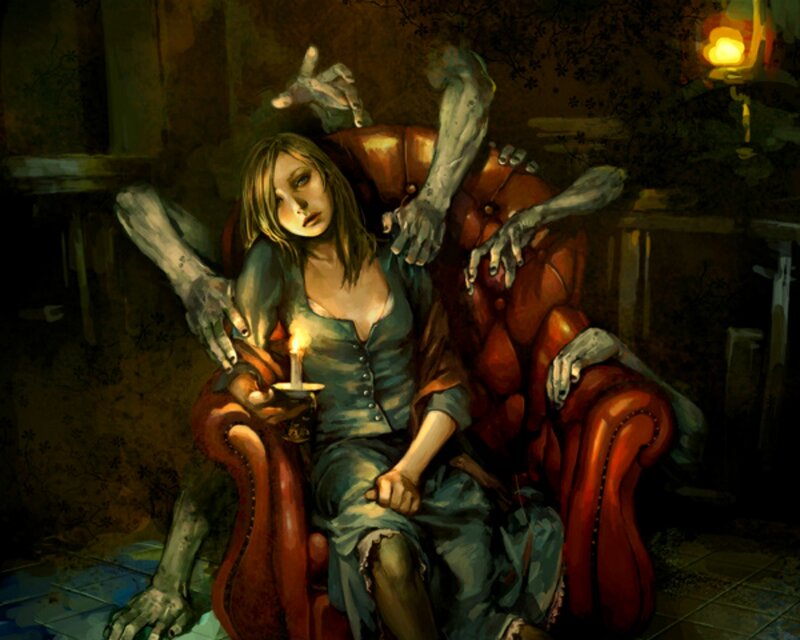 Woman in Red Chair — Dark, Night