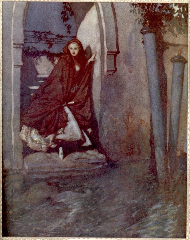 Woman in red cloak at archway