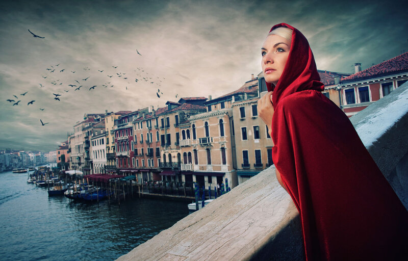 Woman in Red Cloak — Dramatic, Afternoon, Photograph, Birds