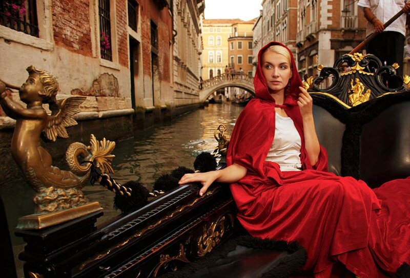 Woman in Red Cloak — Dramatic, Afternoon, Photograph, Gondola
