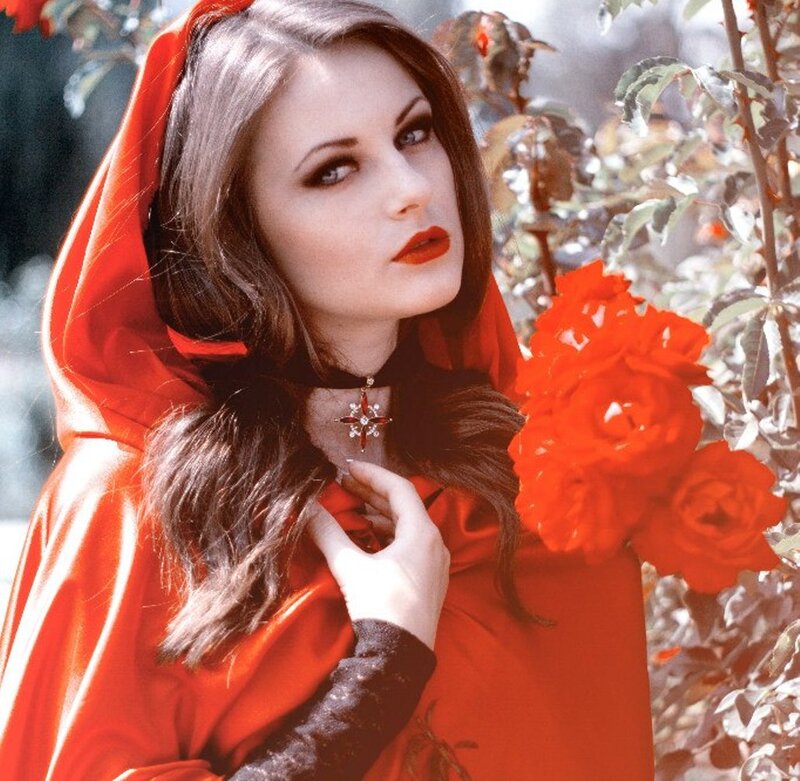 Woman in Red Cloak — Dramatic, Afternoon, Photograph, Red Roses