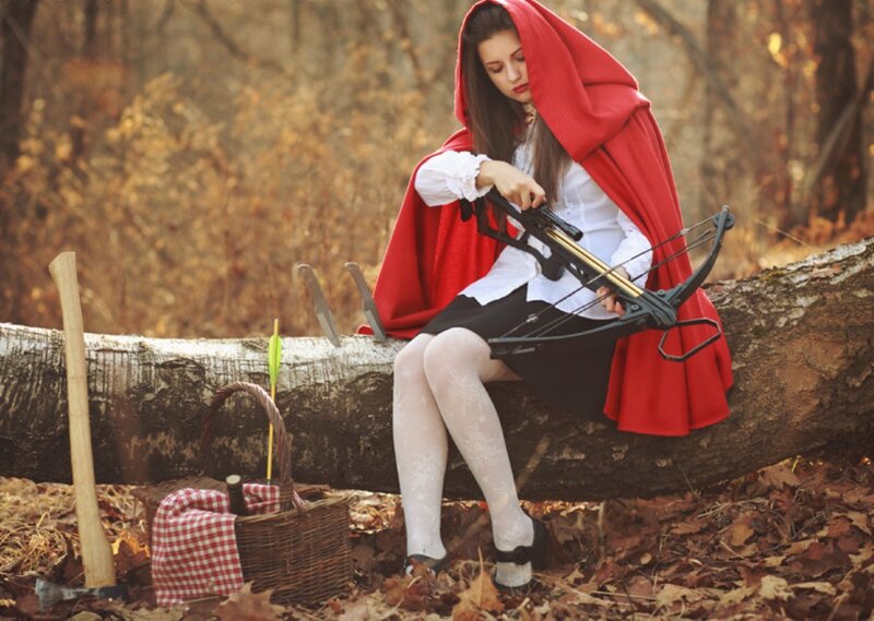 Woman in Red Cloak — Dramatic, Autumn, Photograph, Crossbow