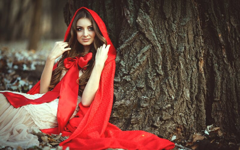Woman in Red Cloak — Dramatic, Autumn, Photograph, Tree