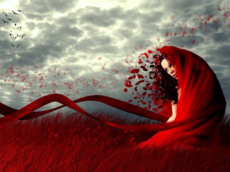 Woman in Red Cloak — Dramatic, Digital Art, Birds