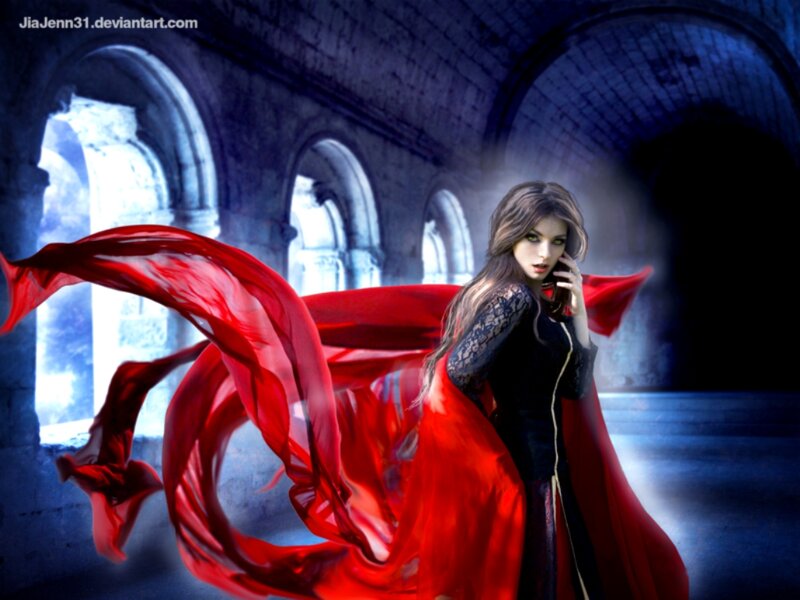 Woman in Red Cloak — Dramatic, Digital Art, Castle